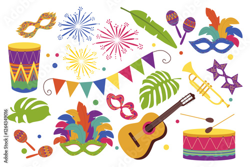 Carnival set. Carnival masks, feathers, drum, guitar and fireworks, tropical leaves on white background. Hand drawn vector.