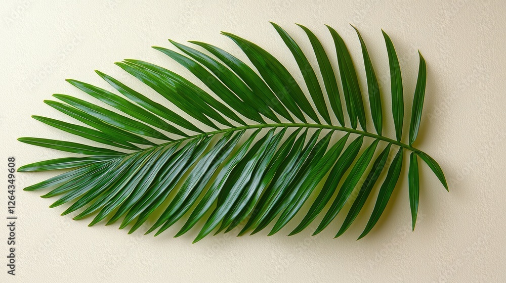Lush green palm leaf resting on a soft beige background, showcasing its vibrant texture and natural beauty Lush green palm leaf resting on a soft beige background, showcasing its vibrant texture and natural beauty