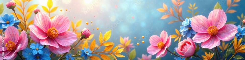 Naklejka premium Vibrant floral arrangement with soft pink and blue hues amidst yellow foliage , pink, flowers, arrangement