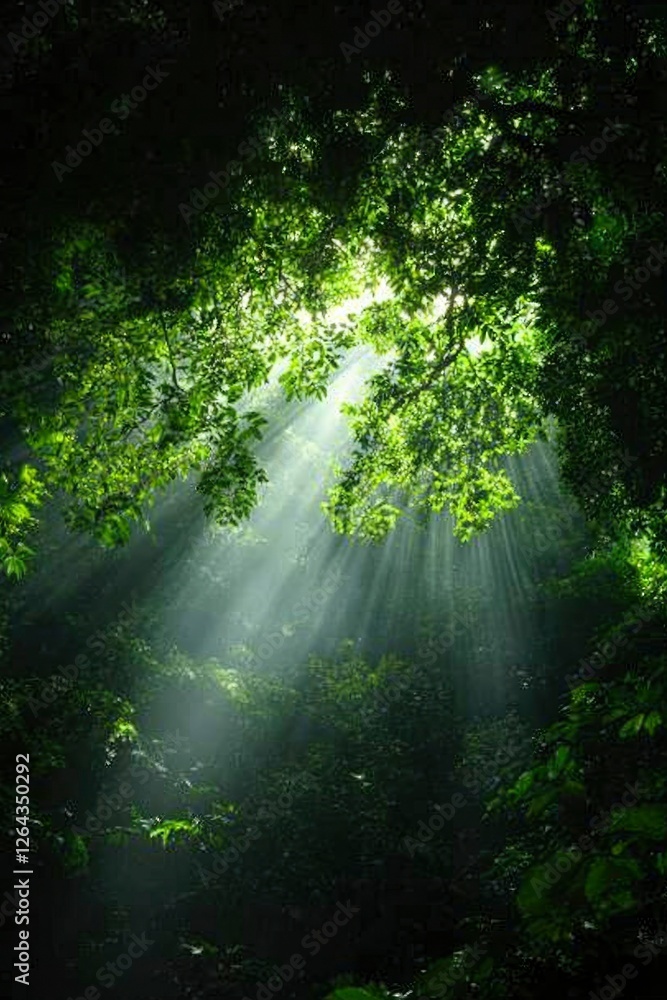Sunlight through the tree canopy in a forest for nature and travel websites Sunlight through the tree canopy in a forest for nature and travel websites