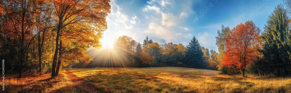 Fototapeta premium Autumnal Forest Panorama: Golden Sunbeams, Vivid Trees, Serene Landscape