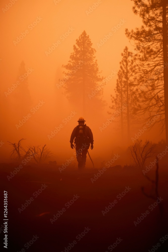Fototapeta premium Firefighter walks through foggy forest, controlled burn, smoke fills the air