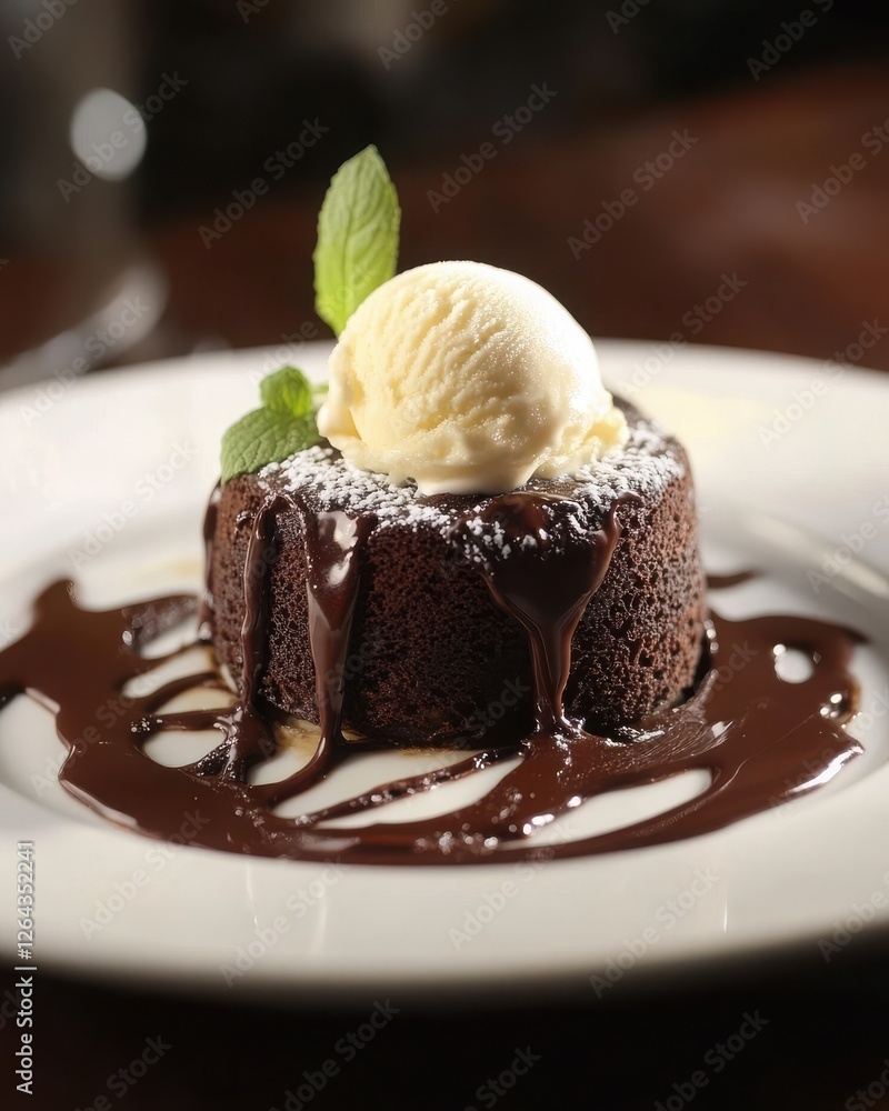 Delicious Chocolate Lava Cake with Vanilla Ice Cream and Mint Garnish Delicious Chocolate Lava Cake with Vanilla Ice Cream and Mint Garnish