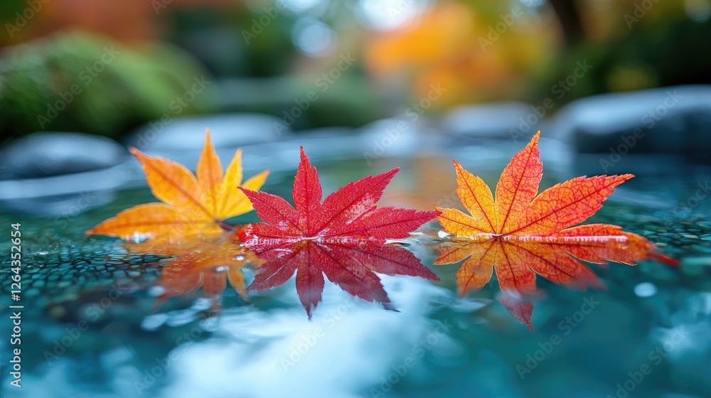 Vibrant autumn leaves floating on a serene pond, reflecting colors amidst a tranquil garden setting Vibrant autumn leaves floating on a serene pond, reflecting colors amidst a tranquil garden setting