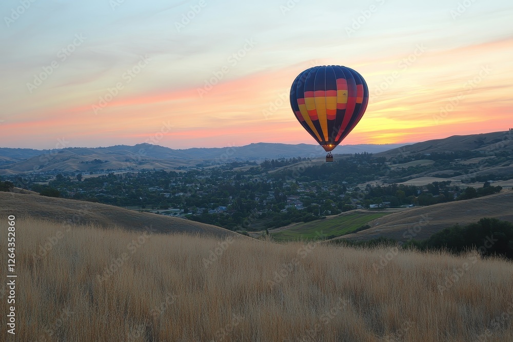 Obraz premium Hot air balloon floats over tranquil valley at sunset, colorful stripes visible. Ideal for travel, adventure, freedom, and serenity themes.