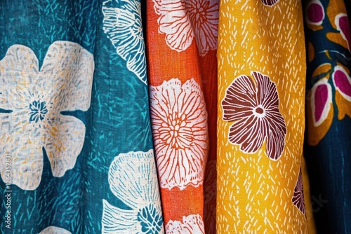 Close up view of beautifully patterned fabrics featuring floral and geometric designs with space for personalized text. Generative AI