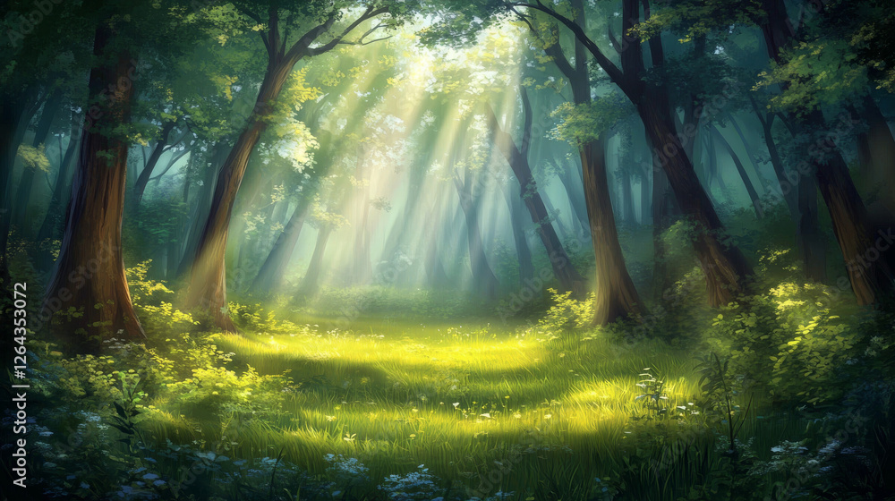 Obraz premium Deep forest with sunny glade, green grass and tree trunks silhouettes. Vector cartoon illustration of summer woods landscape with sunshine beams. Jungle panorama with green lawn