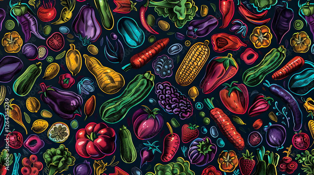 Fototapeta premium Colorful arrangement of various vegetables and fruits on a dark background, ideal for culinary themes