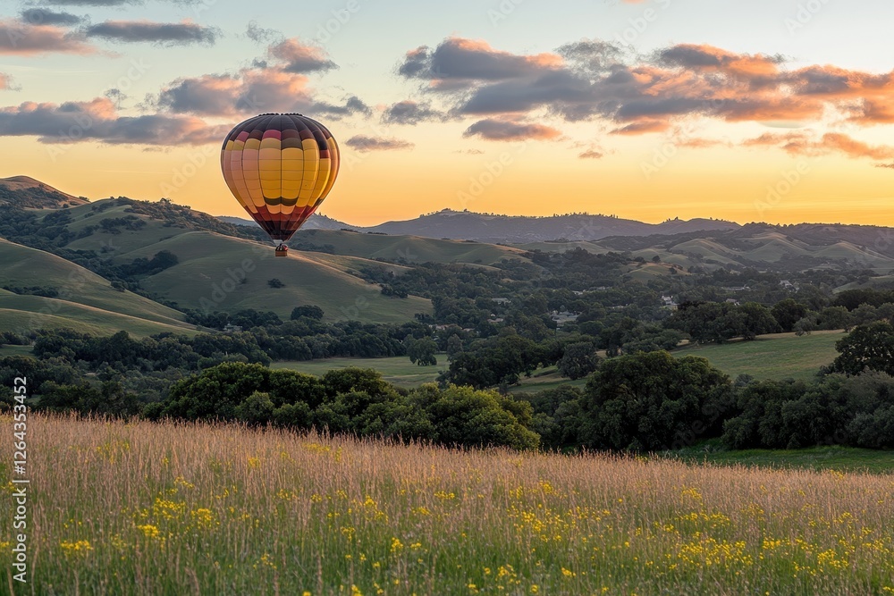 Obraz premium Hot air balloon ascends over rolling hills at sunset, wildflowers in foreground. Perfect for travel, adventure, and peaceful nature imagery.