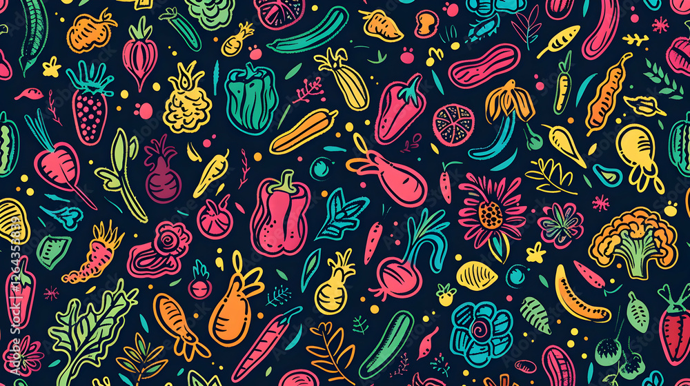 Fototapeta premium Vibrant assortment of hand-drawn vegetables and fruits on a dark background, perfect for culinary designs