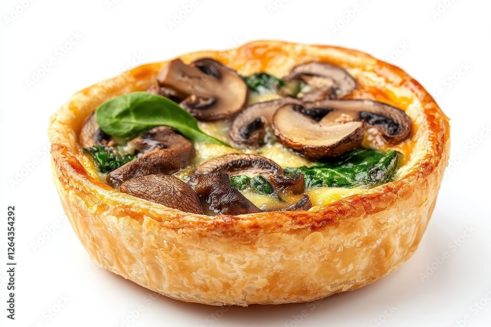 Savory mushroom and spinach quiche in flaky crust. Perfect for menus, blogs, or culinary websites. Savory mushroom and spinach quiche in flaky crust. Perfect for menus, blogs, or culinary websites.