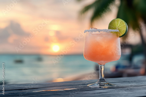 Fototapeta Naklejka Na Ścianę i Meble -  Sunset cocktail on the beach with palm trees and a vibrant sky during evening hours