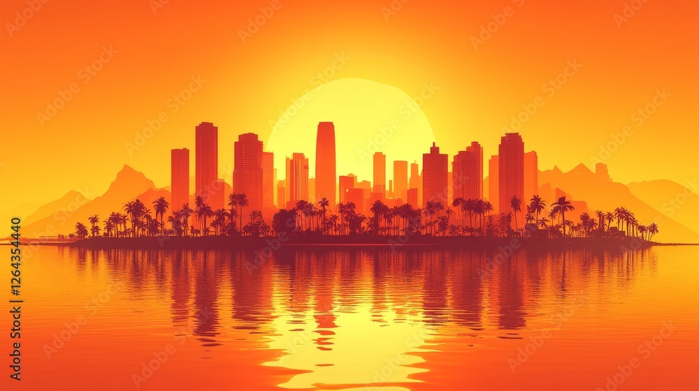 Fototapeta premium Sunset Metropolis Silhouette Tropical Island Skyline Reflection Vibrant Orange Hues