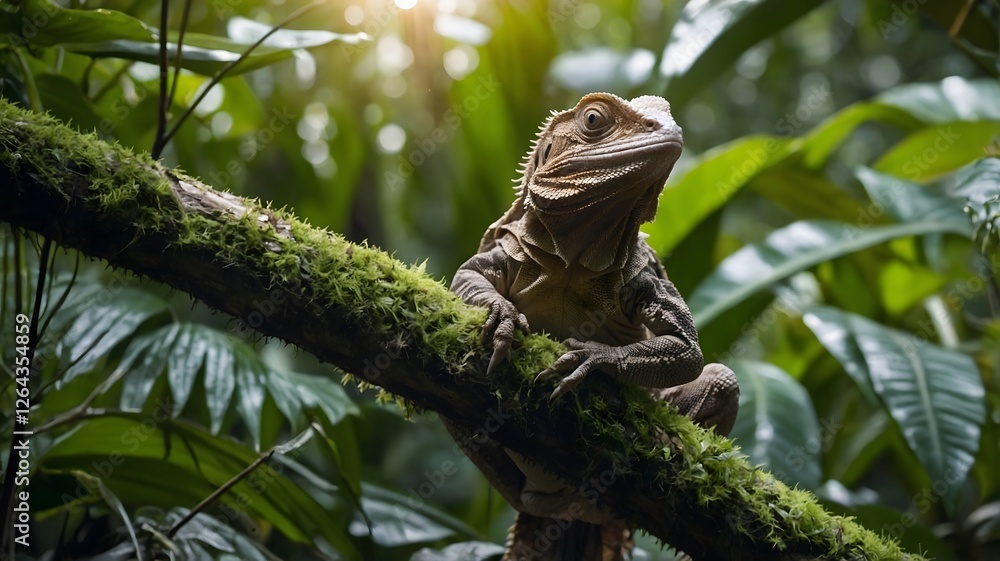 Majestic Frilled-Neck Lizard on Branch in Sunlit Jungle with Frill Displayed Majestic Frilled-Neck Lizard on Branch in Sunlit Jungle with Frill Displayed