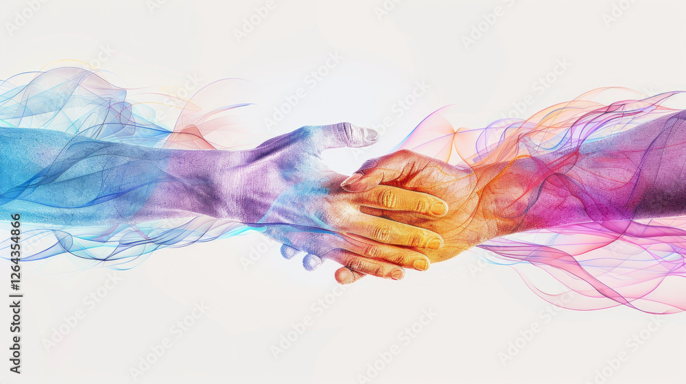 Obraz premium Handshake of Unity: Two hands, rendered in vibrant, ethereal smoke, reach out to clasp in a gesture of connection and unity. The swirling colors evoke a sense of harmony and shared purpose.