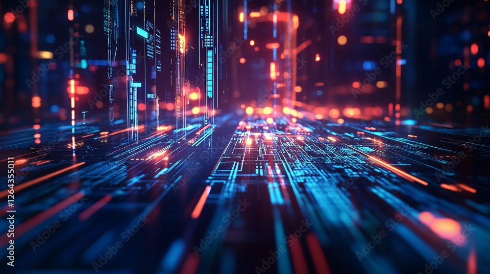 Cyberpunk Style Abstract Technology Background. Futuristic Cityscape, Digital Data Stream And Matrix. Cyberpunk Style Abstract Technology Background. Futuristic Cityscape, Digital Data Stream And Matrix.