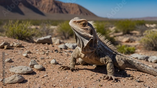 Frilled-Neck Lizard Defending Itself with Expanded Frill in Rocky, Arid Terrain