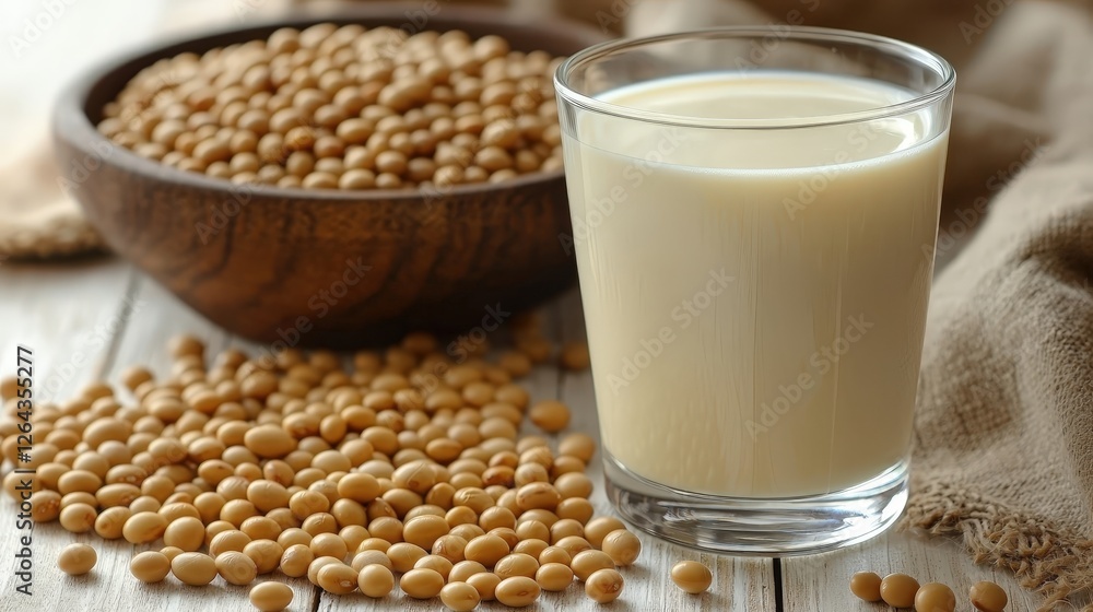 Freshly made soy milk surrounded by raw soybeans in rustic wooden bowl on textured table Freshly made soy milk surrounded by raw soybeans in rustic wooden bowl on textured table