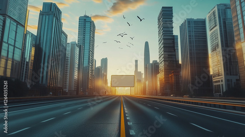 Modern city highway perspective. Vector cartoon illustration of urban street with skyscrapers, high-rise office and housing buildings, birds flying high in blue sky with clouds, blank name plate