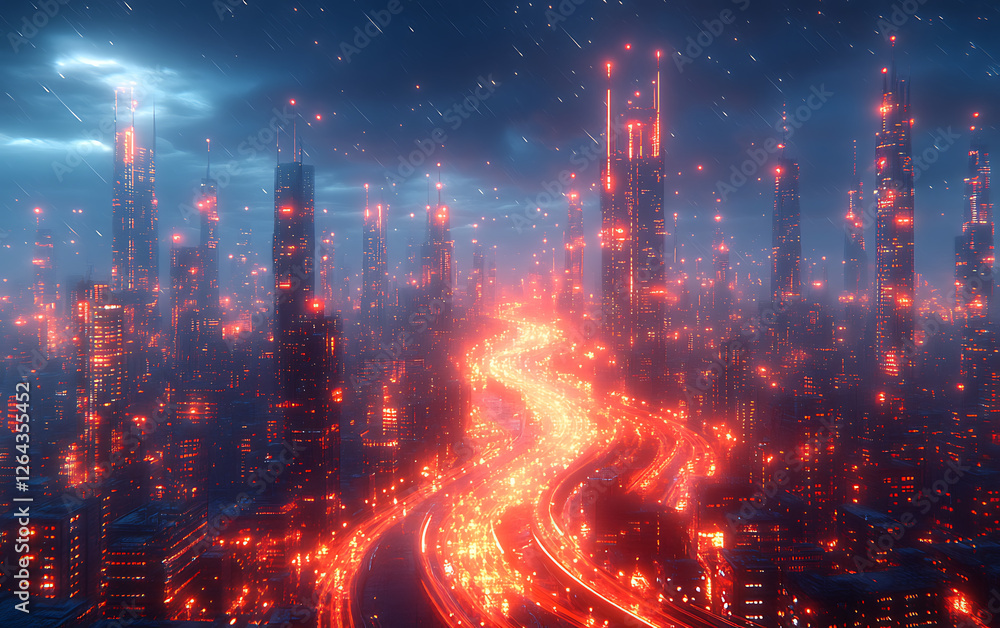 Obraz premium Futuristic Neon Mega City Towers with Virtual Reality Vibes