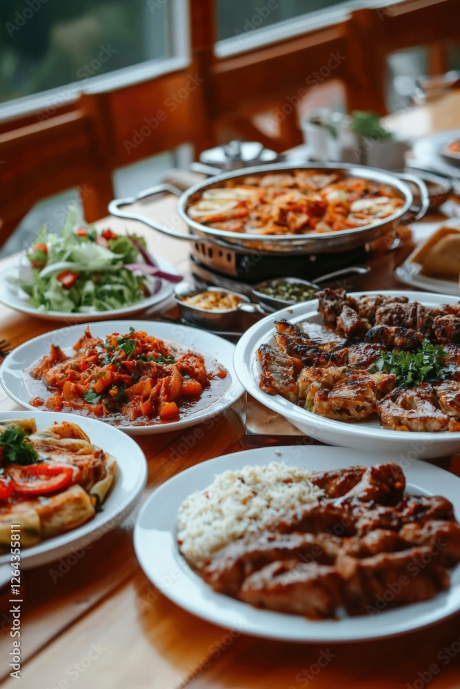 Rich, yummy dishes served at rustic cafe. A feast near a mountain. Dining out Rich, yummy dishes served at rustic cafe. A feast near a mountain. Dining out