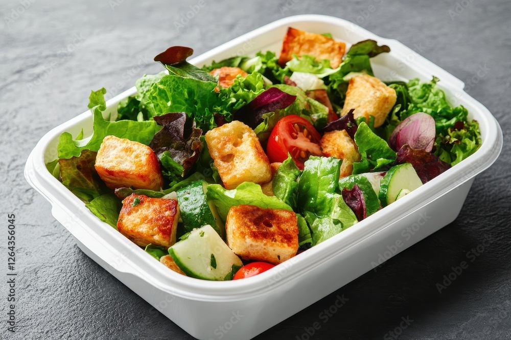 Fresh croutons, lettuce, tomato, and cucumber salad. Perfect for healthy meal prep or restaurant shots. Fresh croutons, lettuce, tomato, and cucumber salad. Perfect for healthy meal prep or restaurant shots.