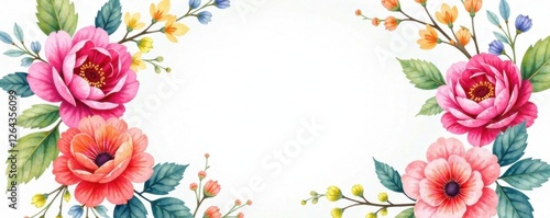 Vibrant watercolor florals in a circular arrangement on a soft white background, botanical, floral, flowers
