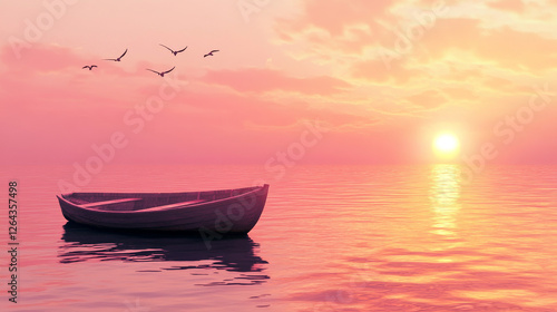 Tableau sur toile Early morning sunrise seascape, lonely wooden boat on sea or ocean picturesque landscape