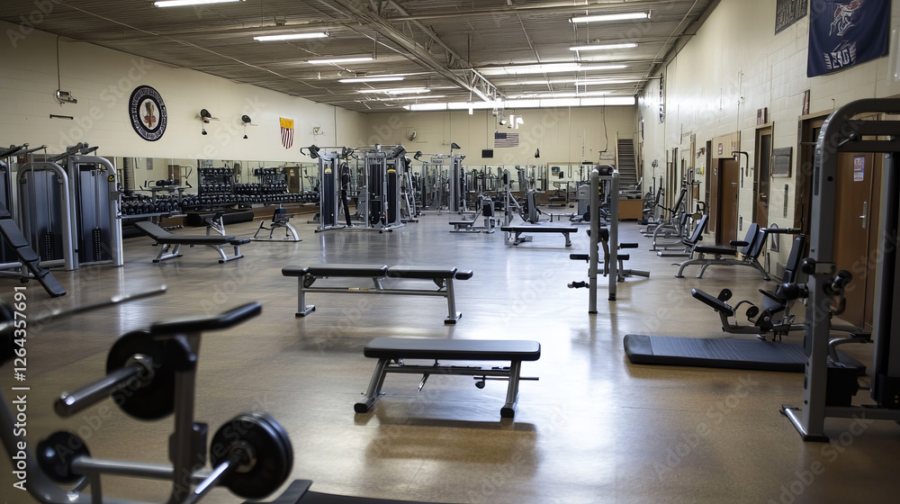 Fototapeta premium Sport and fitness equipment in gym. Vector cartoon interior of training club with running track, exercise bike, bench, fitness balls, dumbbells and yoga mat. Empty workout room