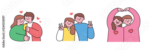 A cute flat vector illustration of a happy couple taking a selfie, making heart shapes, and sharing joyful moments. Designed in a pastel and minimal style, perfect for themes related to love