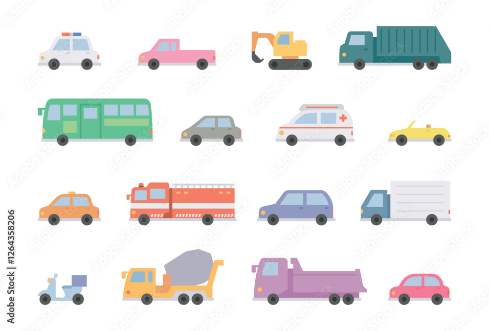 custom made wallpaper toronto digitalA collection of flat vector illustrations of various vehicles, including cars, trucks, buses, taxis, emergency vehicles, and construction machines. Cute and colorful designs suitable for children