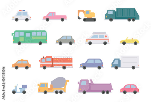 A collection of flat vector illustrations of various vehicles, including cars, trucks, buses, taxis, emergency vehicles, and construction machines. Cute and colorful designs suitable for children