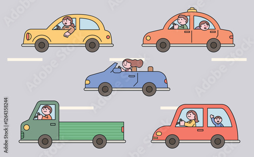 A charming flat vector illustration of various vehicles, including a taxi, convertible, pickup truck, and family car, featuring smiling drivers and passengers. Designed in a cute pastel line art style