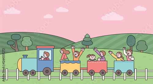 Train ride in the countryside, featuring happy children and families waving. Designed in a cute pastel style, perfect for themes related to travel, tourism, adventure, and outdoor activities.