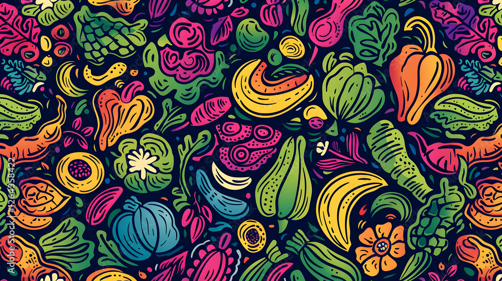 Vibrant illustration of assorted vegetables and fruits arranged in a colorful pattern Vibrant illustration of assorted vegetables and fruits arranged in a colorful pattern