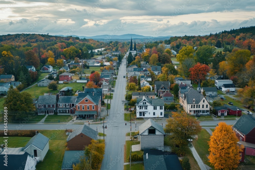 Aerial view of charming autumnal town, vibrant foliage lines streets. Perfect for real estate, travel, or seasonal themes.