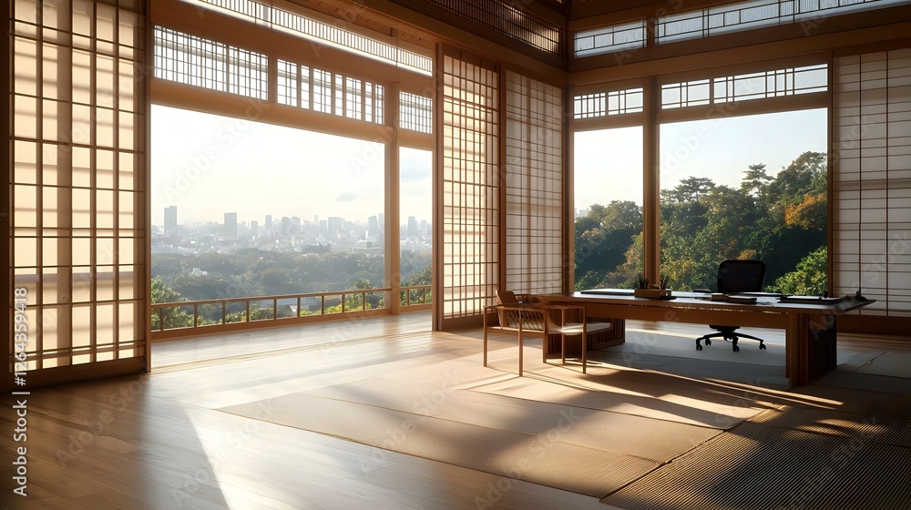 Fototapeta premium Modern Minimalist Japanese Office with Panoramic City and Nature View