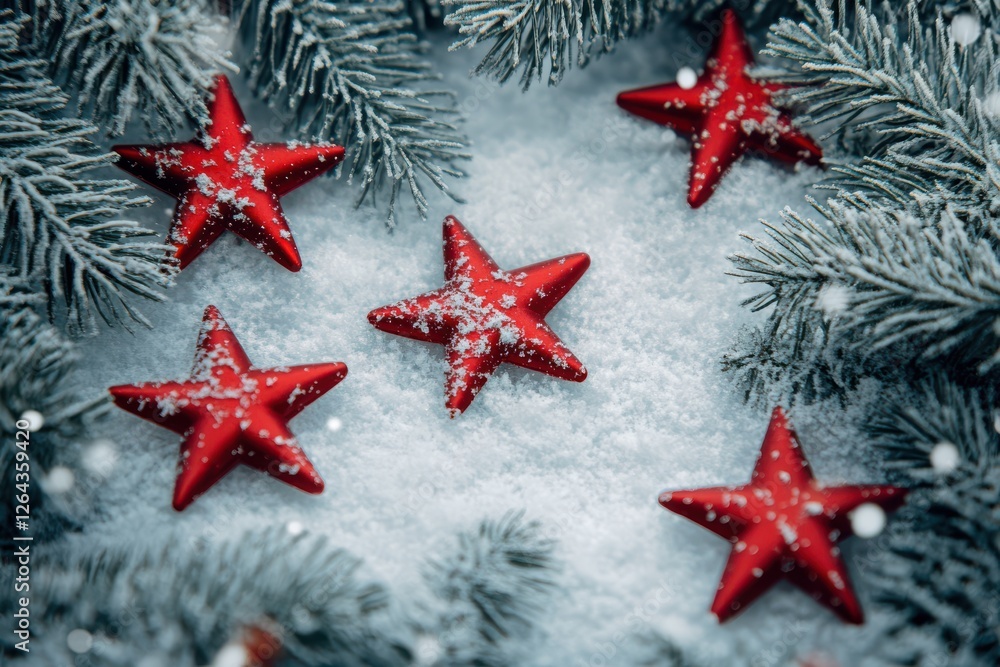 Christmas Tree Branches with Red Stars and Copy Space Christmas Tree Branches with Red Stars and Copy Space