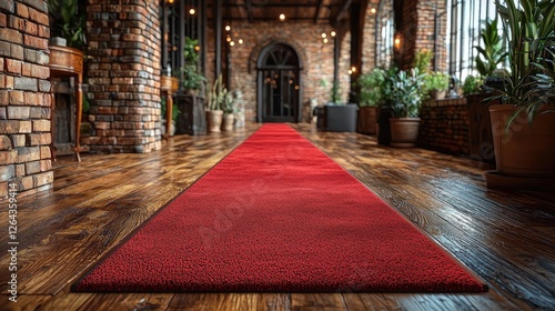 Elegant red carpet leading through a stylish brick hallway filled with plants and warm lighting