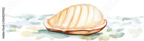 A beautiful, intricate watercolor illustration of a scallop shell resting on a sandy surface, showcasing its unique textures and colors. photo