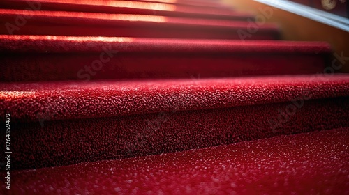 Close-up view of luxurious red carpeted stairs leading to an elegant interior space