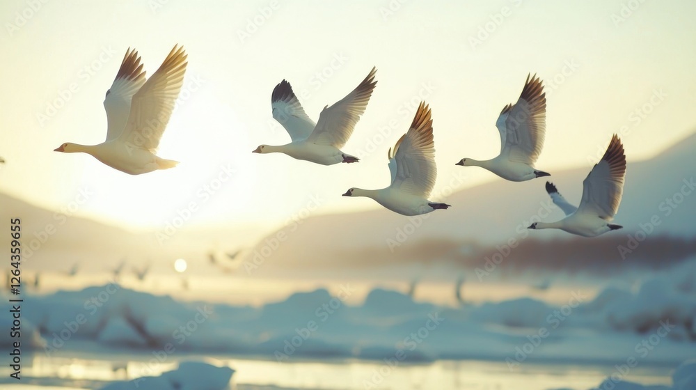 Obraz premium A serene scene of white birds soaring gracefully over a tranquil icy landscape, illuminated by the warm glow of the setting sun.