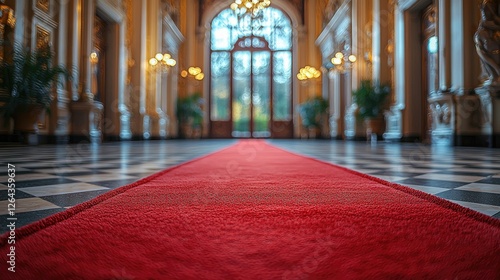 Elegant red carpet leading through a grand hall with ornate decor and natural light streaming in