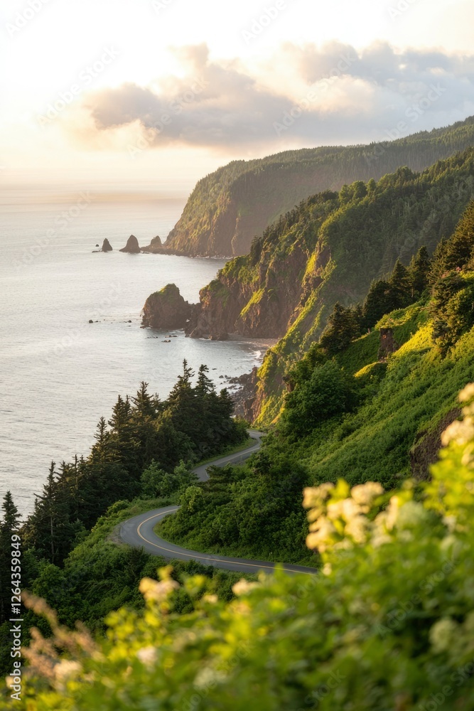 Obraz premium Winding coastal road on green cliffs in sunlight with cloudy sky. Scenic drive