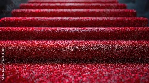 Close-up view of shimmering red glitter fabric rolls arranged in a vibrant display, ideal for crafting