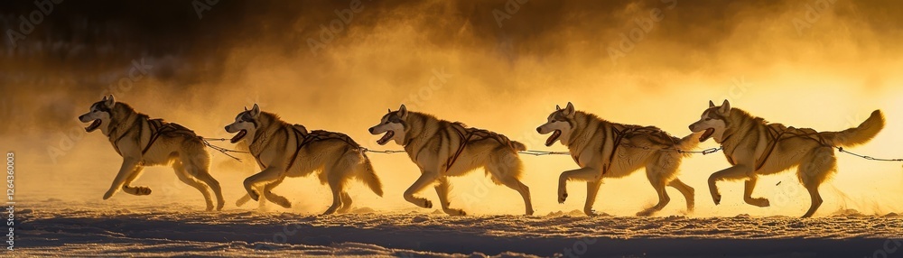 A striking image of five sled dogs pulling a sled through a snowy landscape, illuminated by a golden sunset, showcasing their strength and teamwork. A striking image of five sled dogs pulling a sled through a snowy landscape, illuminated by a golden sunset, showcasing their strength and teamwork.