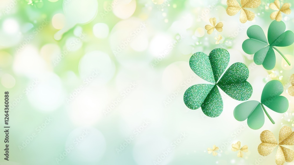 A vibrant green and gold background featuring shamrocks and soft bokeh, evoking a cheerful, festive atmosphere. A vibrant green and gold background featuring shamrocks and soft bokeh, evoking a cheerful, festive atmosphere.