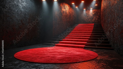 A dramatic red carpet leading up a staircase illuminated by soft spotlights in a moody setting
