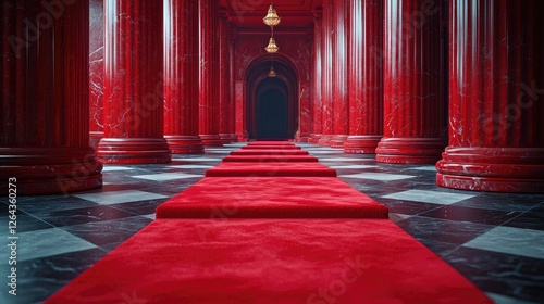 A luxurious red carpet leading through grand columns in an opulent hallway, suggesting elegance