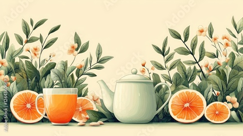 A serene composition featuring a teapot, a glass of orange juice, and fresh oranges surrounded by greenery